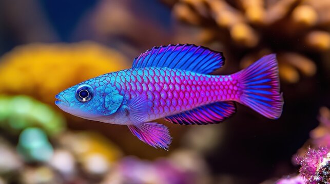 A mesmerizing close-up reveals a vibrant blue and purple fish gracefully swimming through crystal-clear water, its sleek form elegantly tilted as it glides toward the right, captivating with every fli
