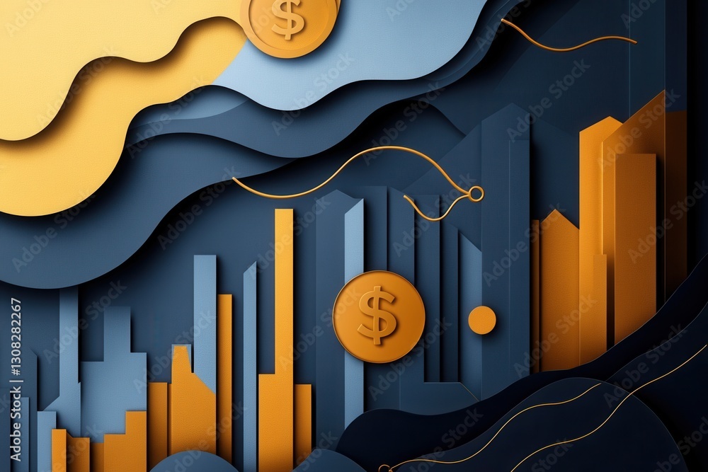 Poster sophisticated paper art design featuring geometric shapes representing financial growth and currency