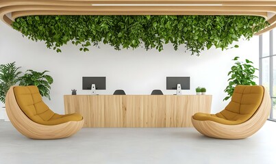 Modern Office Reception Area with Greenery and Stylish Furniture