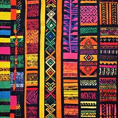 A tribal African kente cloth weave bursting with vibrant colors and bold geometric motifs