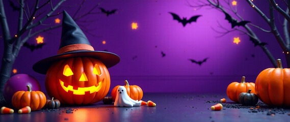 Fototapeta premium Generate an AI photo of a Halloween Trick or Treat scene featuring a Jack-o'-lantern, witch hat, ghost, balloons, pumpkins, bats, candy corn, and spooky decorations on a purple background. Depth and 