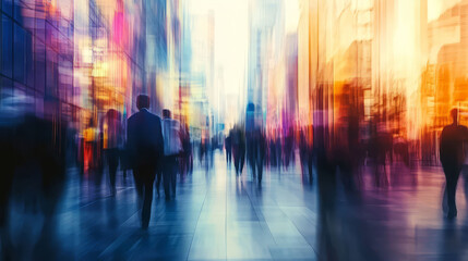 Naklejka premium Abstract motion blur image of business people in crowded urban setting, conveying sense of movement and energy