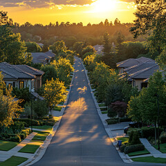 A picturesque suburban neighborhood with tree-lined streets and modern homes