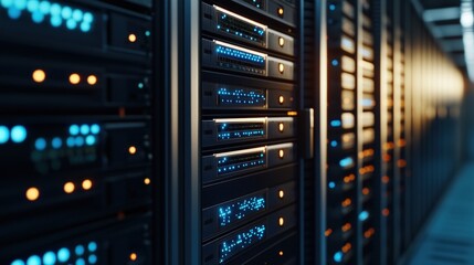 Naklejka premium High-performance server in a well-organized server room showcasing state-of-the-art technologies for data processing