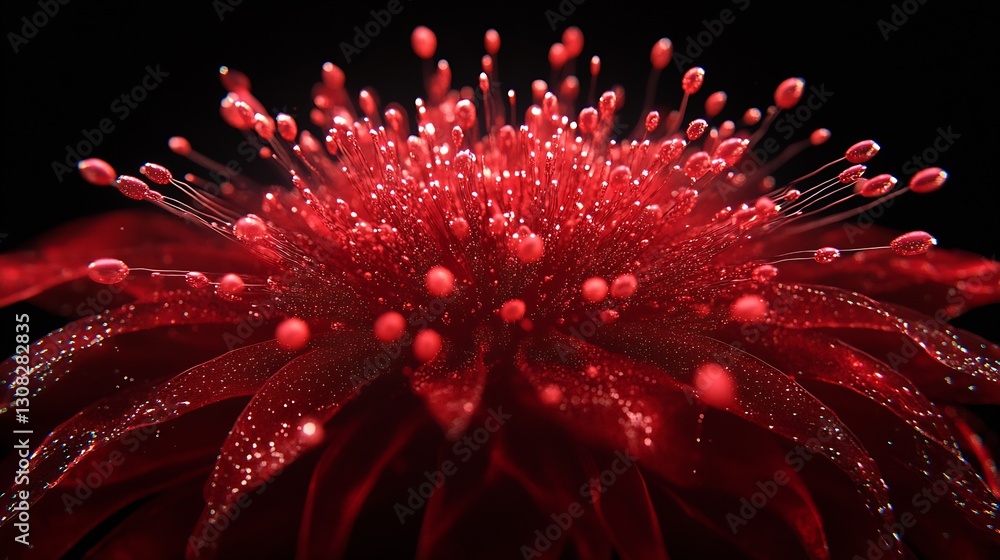Aufkleber Close Up of a Red Flower with Tiny Water Droplets in a Dark Setting : Generative AI