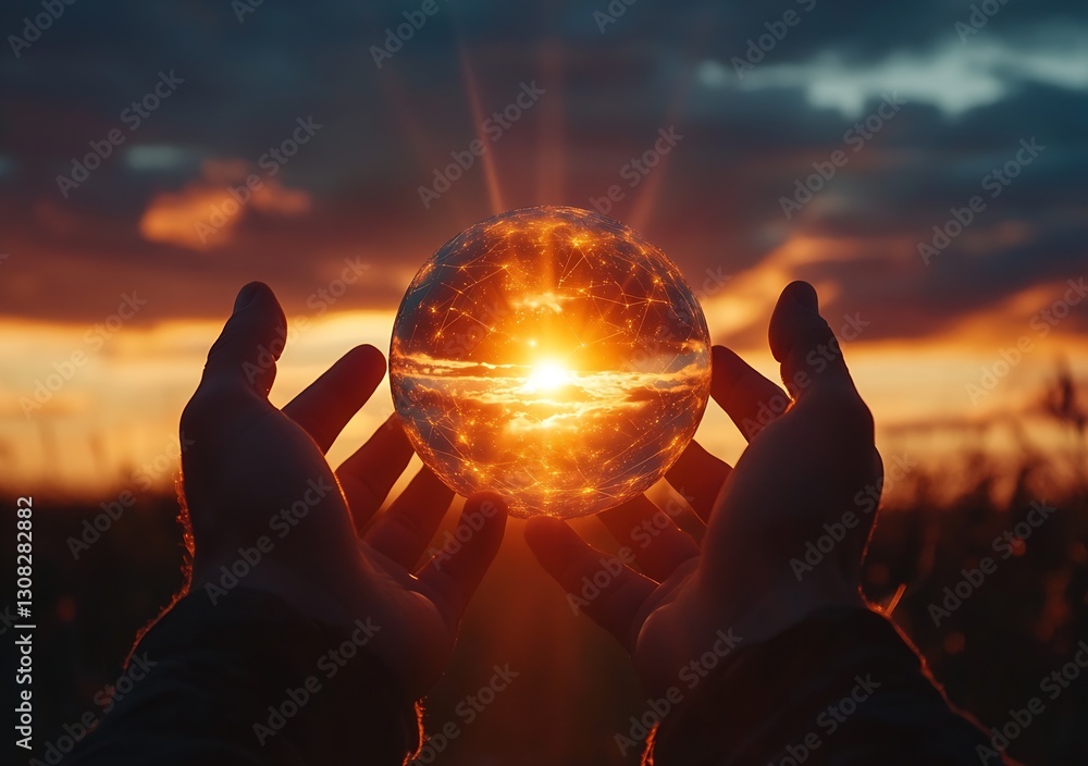 Poster hands holding a shimmering sphere of light with a vivid sunset background signifying new beginnings 