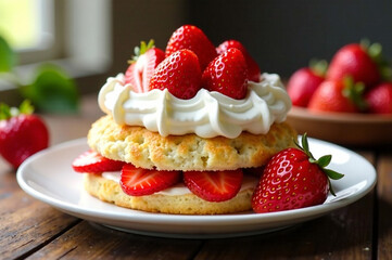 A vibrant, appetizing image of strawberry shortcake, generously topped with fresh strawberries and fluffy whipped cream.  High-quality photorealistic rendering, depth of field, soft lighting, inviting