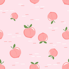 Seamless pattern of peach fruit with green leaves and short line on pink background vector. Cute fruit print.