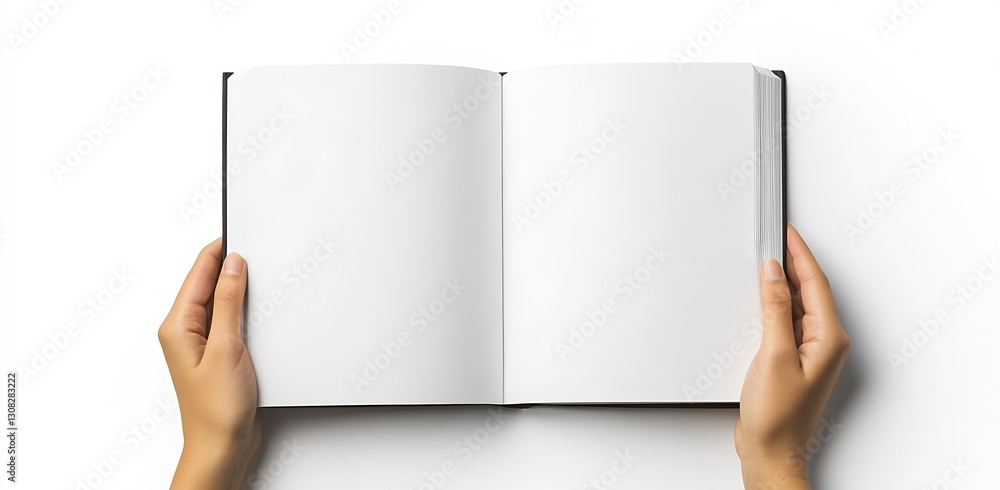 Aufkleber open blank notebook held by hands ready for writing ideas and notes in a creative workspace : genera