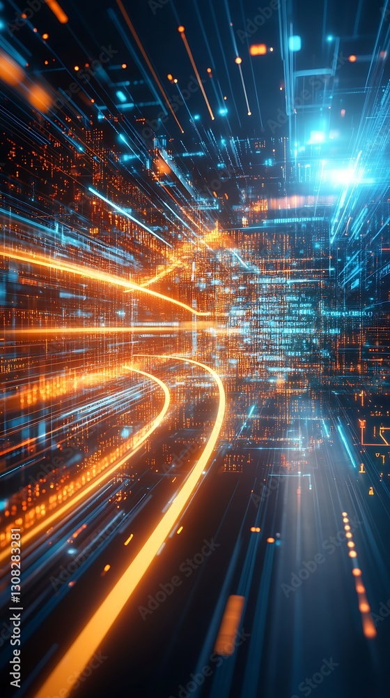 Poster futuristic data streams in motion, dynamic digital network visualization