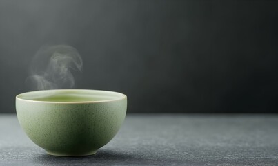 Steaming Green Bowl of Tea on Dark Background with Soft Lighting