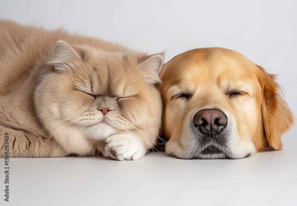 Poster sleepy golden retriever and fluffy cat napping together peacefully creating a heartwarming vibe : ge