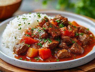 Delicious Plate of Hearty Beef Stew Served with Rice and Fresh Herbs : Generative AI