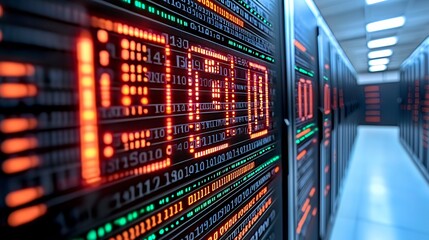 Glowing Digital Display in Modern Data Center Server Room