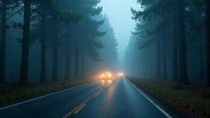 Naklejka premium Road through a dense foggy pine forest, headlights piercing the mist, creating a mysterious and ethereal atmosphere. Focus on depth, mood, dramatic lighting, and an atmospheric vibe. High-quality, p