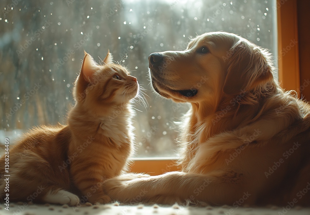 Aufkleber charming cat and dog gazing at each other through a window creating a warm and cozy atmosphere : gen