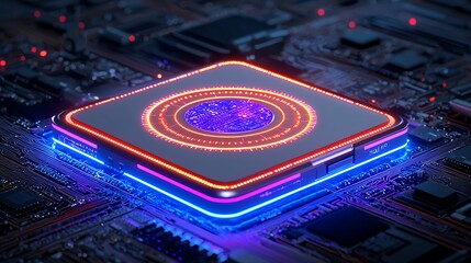 Glowing Square Processor on Circuit Board with Neon Lighting