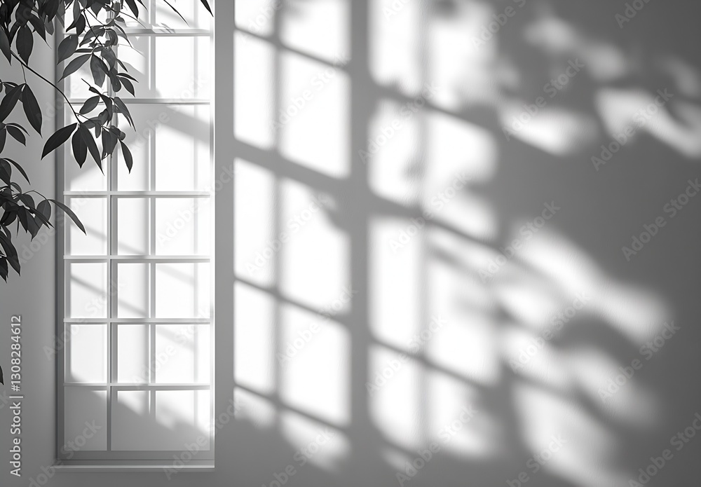 Aufkleber intriguing shadows of leaves and light in a minimalist room : generative ai
