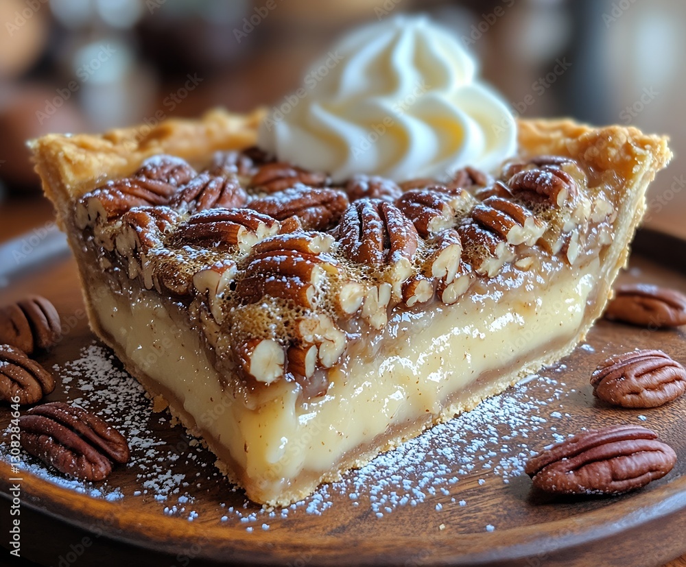 Poster decadent pecan pie slice with whipped cream and pecans on wooden plate : generative ai