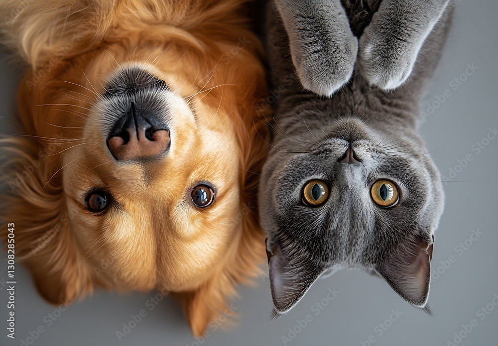 Poster Top View of Golden Retriever and Gray Cat Displaying Playful Affection with Upside Down Poses : Generative AI