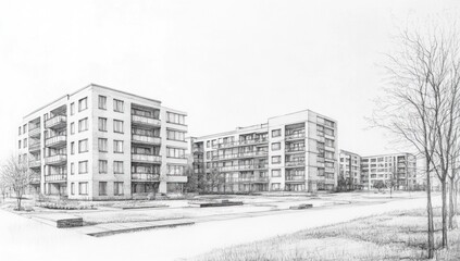 Pencil sketch of modern apartment buildings.