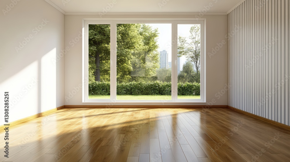 Poster inviting room with a window offering scenic views and a beautiful wooden floor creating a relaxing a