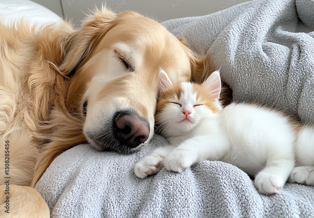 Poster golden retriever and white kitten snuggling on a soft blanket : generative ai