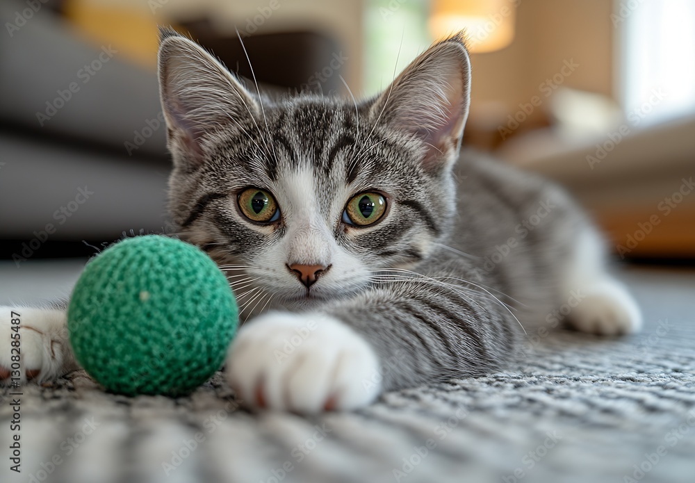 Poster curious kitten playing with a green ball on a carpet in a bright living space : generative ai
