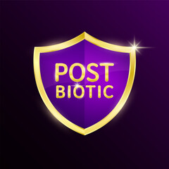 Postbiotic bacteria in purple shield on dark background. Gold shine frame for product label packaging badge logo. Good bacterial flora for stomach bowel intestine. 3D Vector.