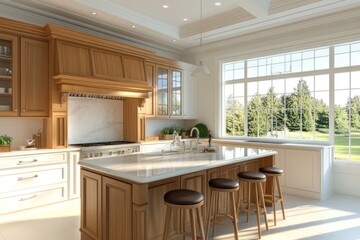 Fototapeta premium Luxurious, light-filled kitchen with natural light, large windows, and a view of a serene landscape. Features include a center island with bar stools, elegant cabinetry, and a spacious layout.