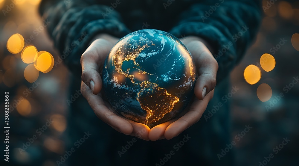 Poster captivating image of hands embracing a bright earth globe surrounded by bokeh lights : generative ai