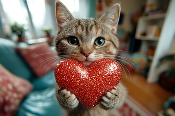 Cute norwegian forest baby cat cub with sparkling rhinestones red heart at cozy homestead. Digital ads animal visual idea. Norwegian forest - my desired cat, symbol of care. Cute animal love.