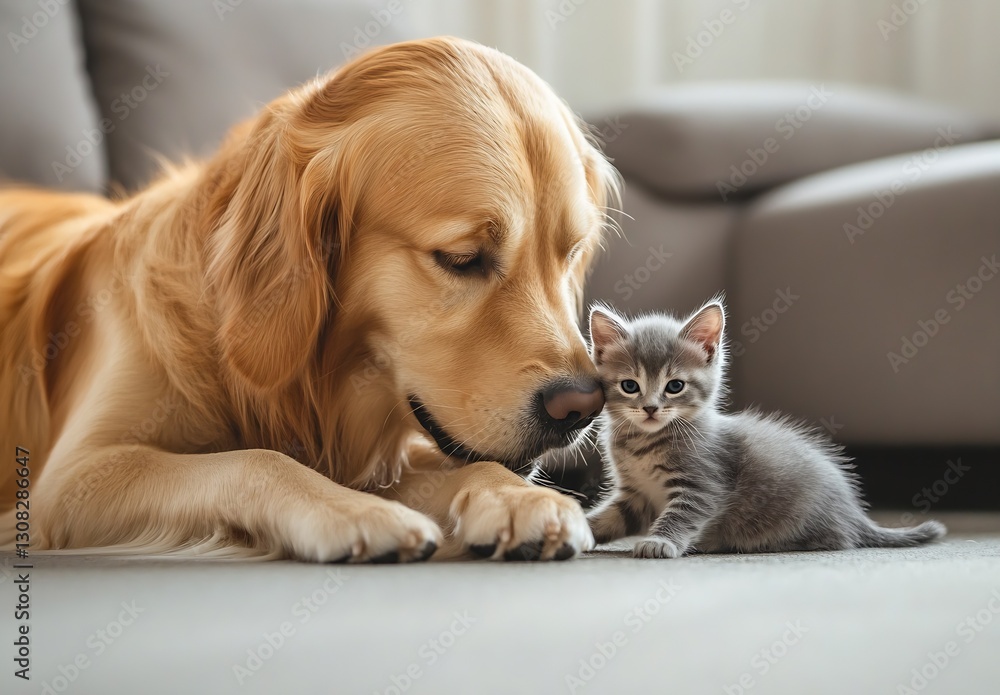 Poster adorable golden retriever dog and kitten snuggling with affection in cozy indoor setting : generativ