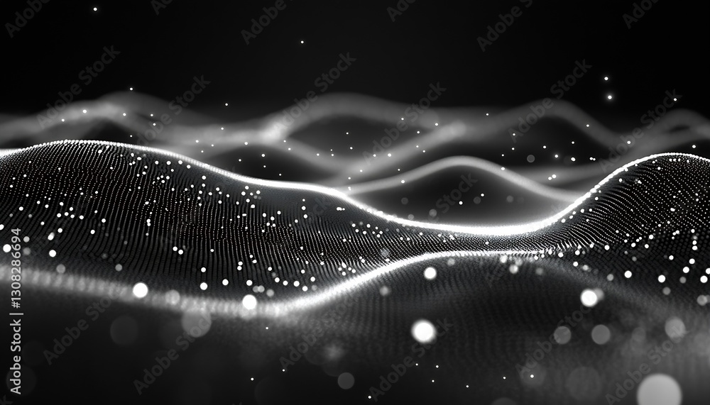Aufkleber Dynamic Black and White Wave Patterns with Sparkling Particles and Modern Aesthetic : Generative AI