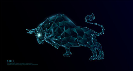 Bull polygon wireframe geometric blue. Wild animals on a dark background. For design various advertising media. Vector EPS10.