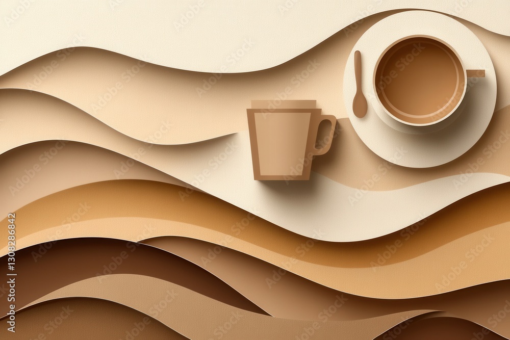 Aufkleber cozy paper art background with layered silhouettes of coffee cups and utensils in warm tones generat