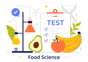 Food Science Illustration featuring Biotechnology for Food Engineering with Chemists Testing Products to Ensure Safety and Analyze Chemical Structures