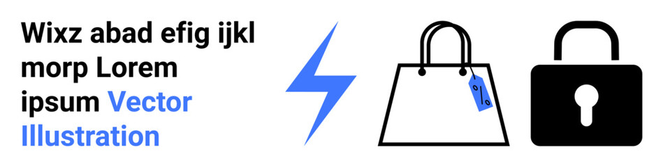 Bold shopping bag with a price tag, a lightning bolt, and a padlock symbolizing e-commerce, payment security, and modern shopping. Ideal for retail, e-commerce, cybersecurity, fintech digital