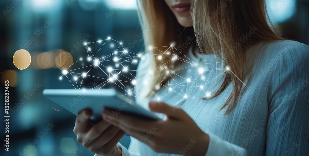 Poster Woman Engaging with Tablet while Interacting with Data and Network Connections in Office : Generative AI