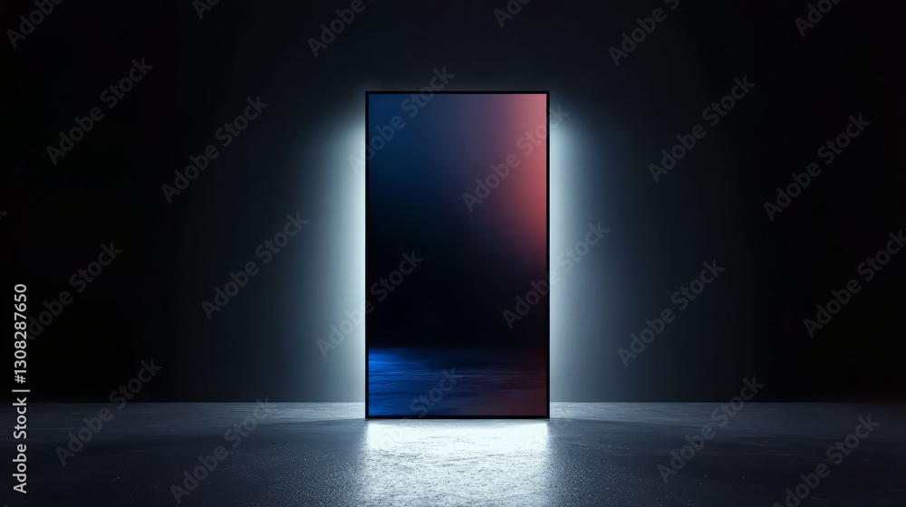 Poster vertical screen mockup illuminated by soft light in dark space