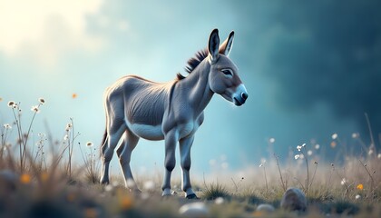 Obraz premium Young Donkey Standing in a Serene Desert Landscape at Sunset