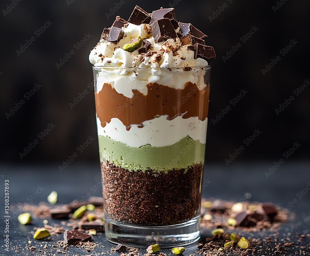 Poster layered dessert with chocolate layers cream and a crunch base garnished with dark chocolate chunks :