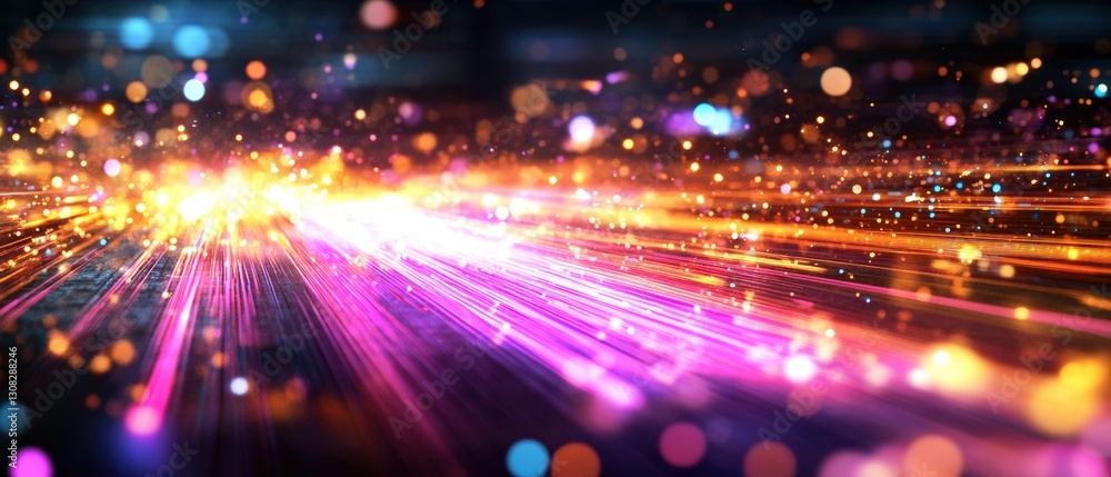 Poster dynamic burst of colorful light streaks creating a fast-paced motion effect in a vibrant urban citys