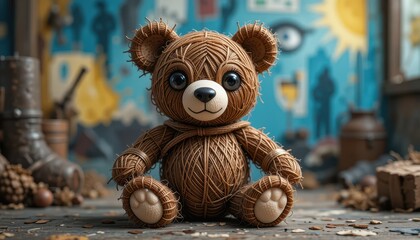 Adorable Yarn Teddy Bear Toy Sitting on Wooden Surface Rustic Background
