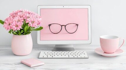 Pastel Pink Workspace Tablet, Eyeglasses, Flowers, and Teacup on White Desk