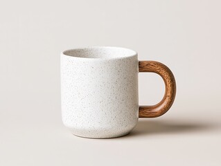 A coffee cup with a textured handle, placed on a neutral background, highlighting its ergonomic design.