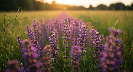 Fototapeta premium Golden hour light bathes vibrant purple wildflowers. AI Generated