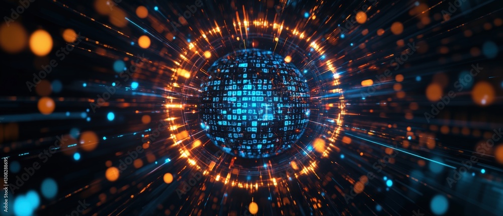 Poster abstract sphere emitting a captivating glow with blue and orange light creating a visual centerpiece