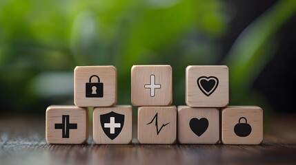 6. Wooden blocks displaying healthcare protection icons, like a lock, a shield, and a medical cross