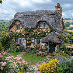 A traditional English cottage with a thatched roof and a blooming garden